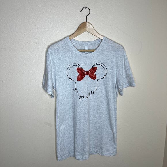 Minnie Mouse Gray Red Glitter "Gang' All Here" Tee Medium - Picture 1 of 9